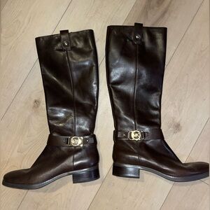 Micheal Kors Brown Leather Knee-High Boots with Gold Buckle